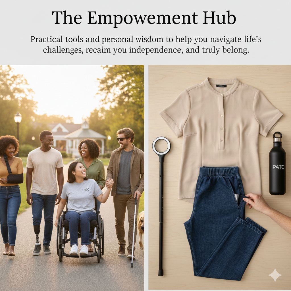 A diverse group of friends with various disabilities walking in a park, alongside a display of P4TC adaptive clothing and a lighted mobility cane.