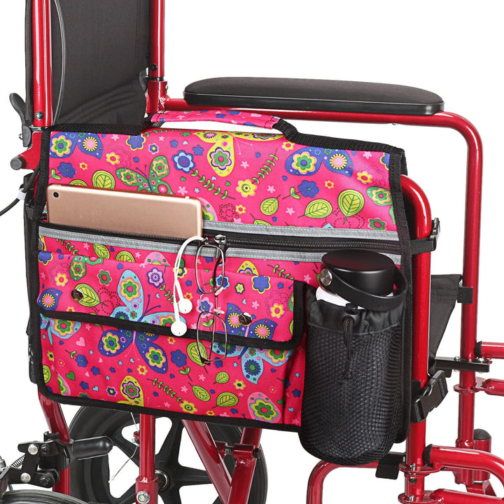 Wheelchair Storage Bag, Double-Sided Armrest Pouch with Cup Holder and Reflective Strip, for Wheelchairs and Walkers (Red Butterfly)