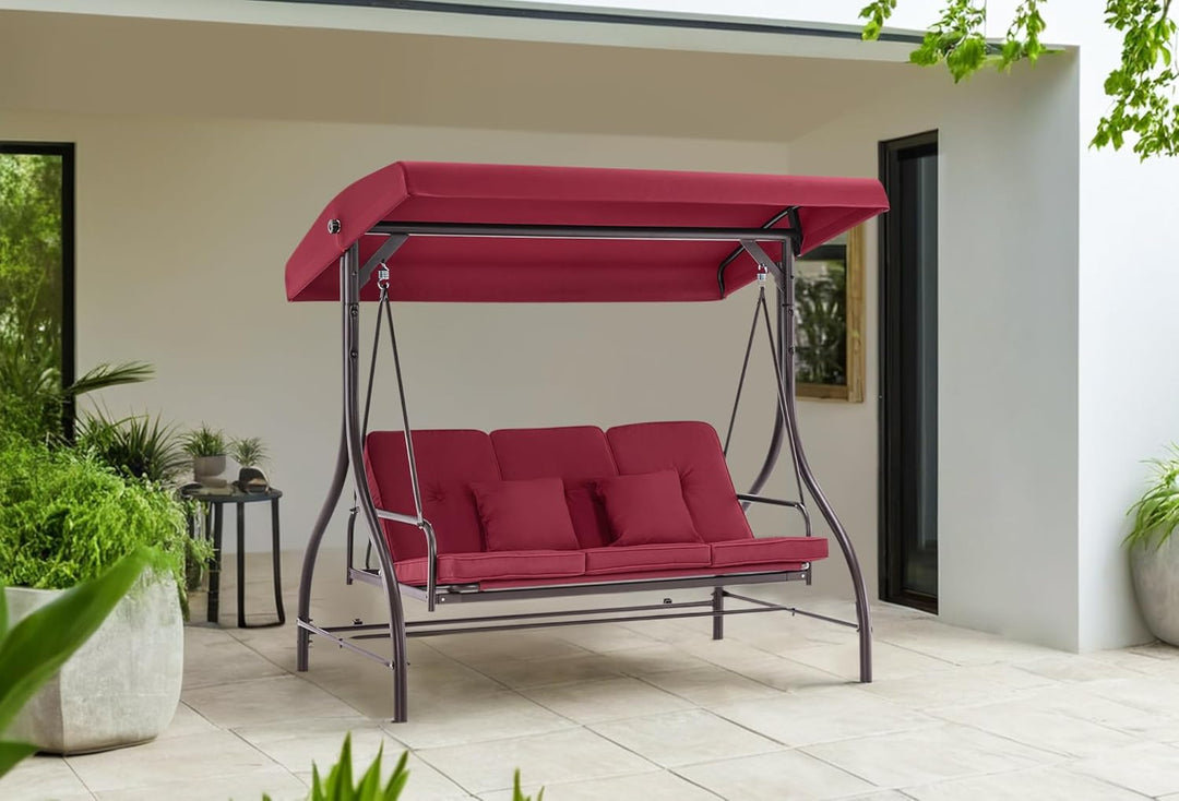 3-Seat Outdoor Patio Swing Chair, 2-In-1 Convertible Porch Swing Glider Chair with Removable Cushions, Adjustable Canopy & Pillows for Backyard, Deck, Garden, 4068 (Burgundy)