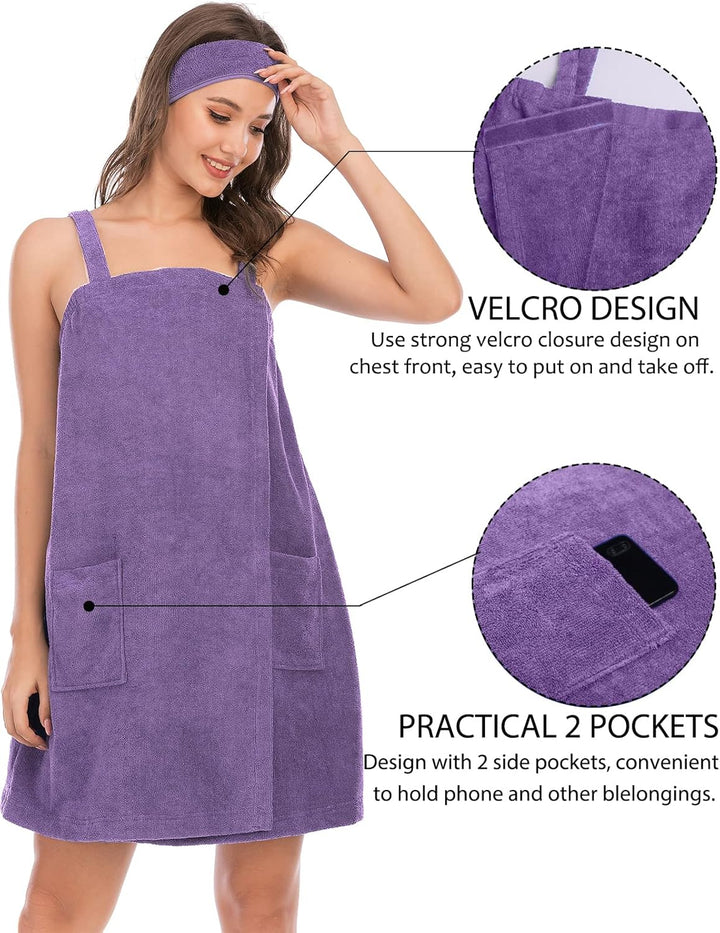 Robe Women'S Towel Wrap Bathrobe with Adjustable Velcro Closure with Pockets & Facial Hairband