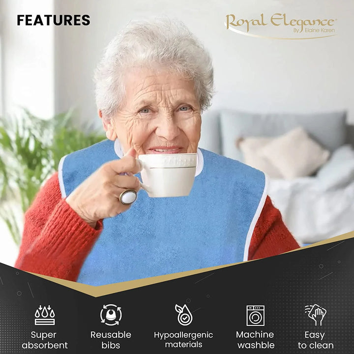 Premium Lightweight Adult Bibs for Elderly Seniors and Disabled Adults, 3 Pack (Blue)