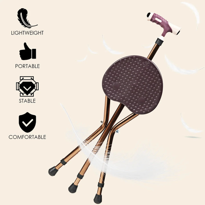 Goplus Outdoor Occasion Adjustable Large Folding Cane Seat Aluminum Alloy Crutch Chair with Light Coffee