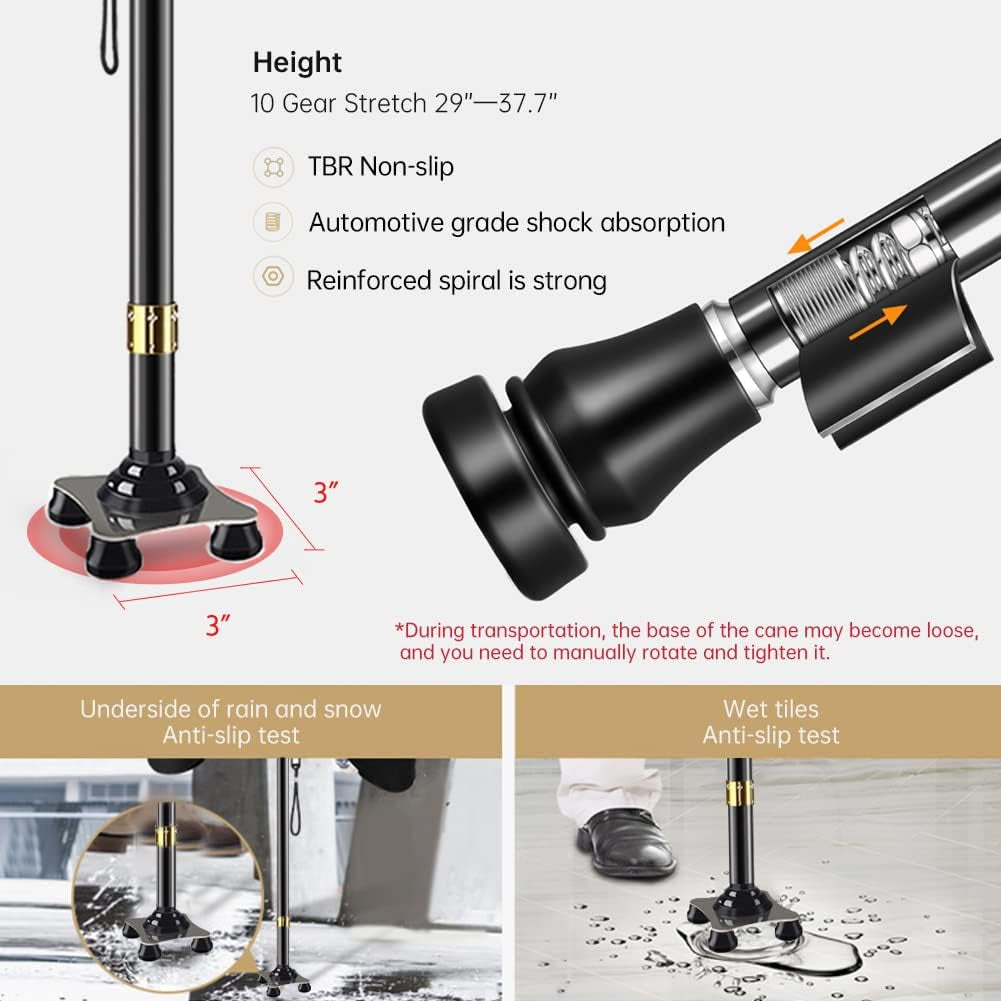 P4TC Walking Cane with LED Light – Telescopic, Non-Slip Mobility Aid with 10 Height Adjustments & Travel Bag | Dual-Use for Seniors, Men & Women (Black)