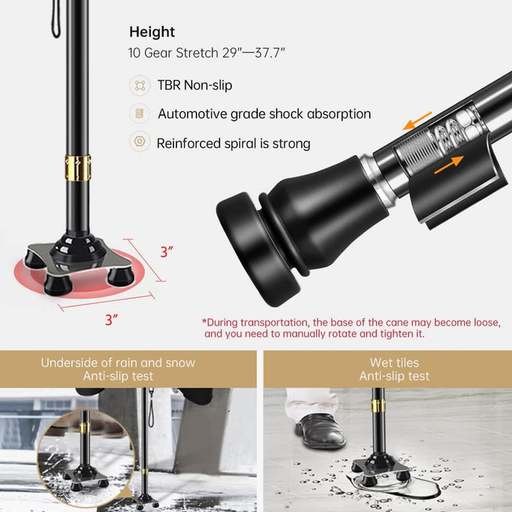 P4TC Walking Cane with LED Light – Telescopic, Non-Slip Mobility Aid with 10 Height Adjustments & Travel Bag | Dual-Use for Seniors, Men & Women (Black)
