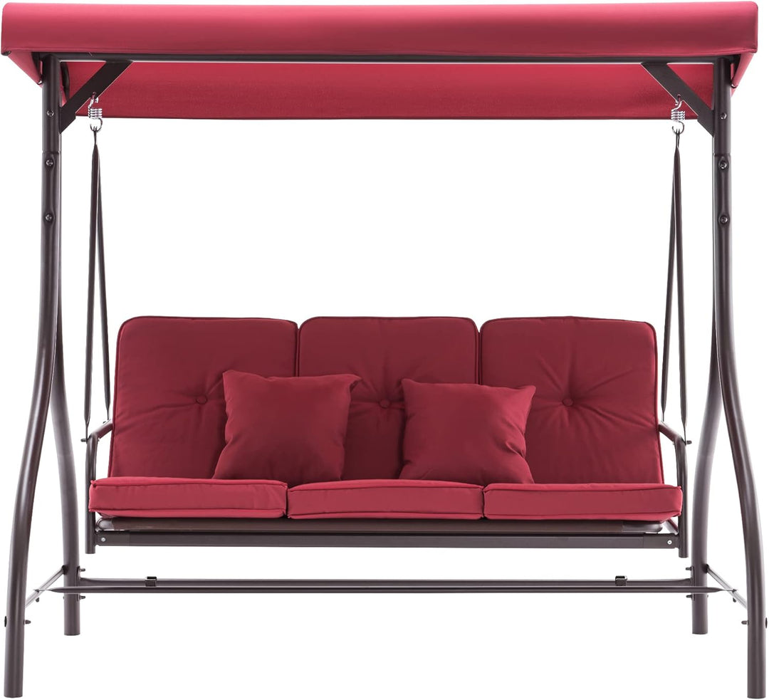 3-Seat Outdoor Patio Swing Chair, 2-In-1 Convertible Porch Swing Glider Chair with Removable Cushions, Adjustable Canopy & Pillows for Backyard, Deck, Garden, 4068 (Burgundy)