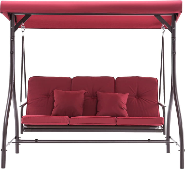 3-Seat Outdoor Patio Swing Chair, 2-In-1 Convertible Porch Swing Glider Chair with Removable Cushions, Adjustable Canopy & Pillows for Backyard, Deck, Garden, 4068 (Burgundy)