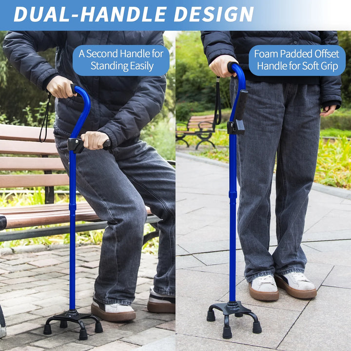 P4TC Walking Cane for Elderly – Foldable, 4-Prong Base, Second Assist Handle, Blue