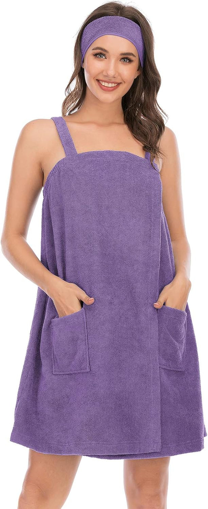 Robe Women'S Towel Wrap Bathrobe with Adjustable Velcro Closure with Pockets & Facial Hairband
