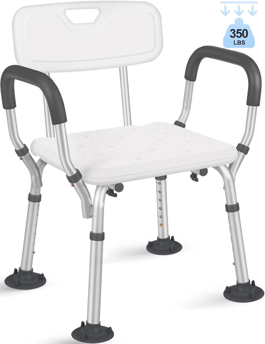 Adjustable Shower Chair, Shower Seat with Back and Padded Handles, Bath Chair for Seniors, Elderly, Disabled, Handicap and Injured, 350 Lb Capacity