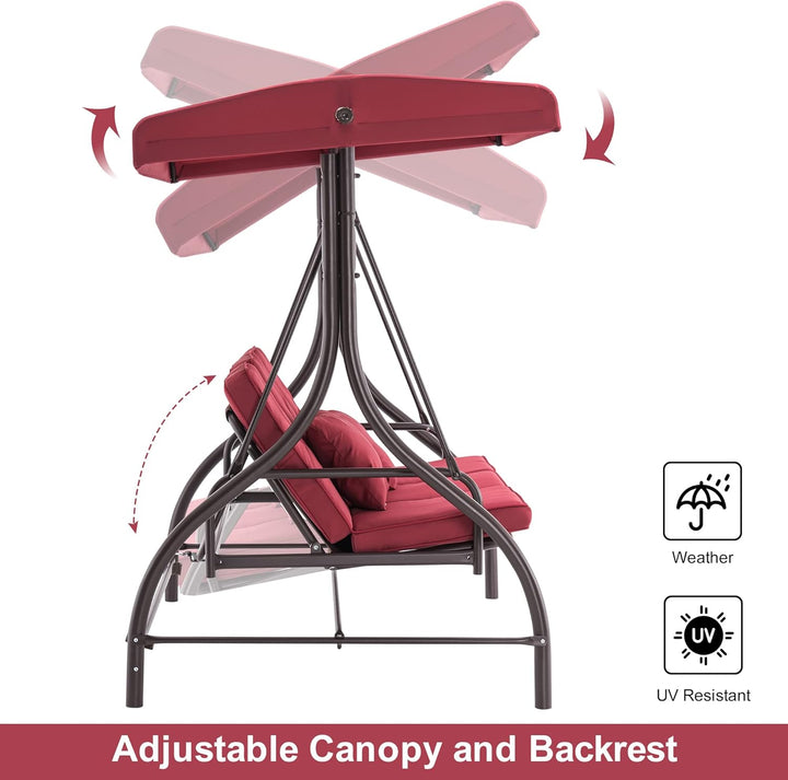 3-Seat Outdoor Patio Swing Chair, 2-In-1 Convertible Porch Swing Glider Chair with Removable Cushions, Adjustable Canopy & Pillows for Backyard, Deck, Garden, 4068 (Burgundy)