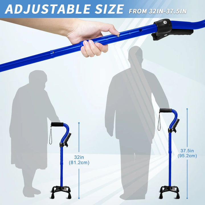 P4TC Walking Cane for Elderly – Foldable, 4-Prong Base, Second Assist Handle, Blue