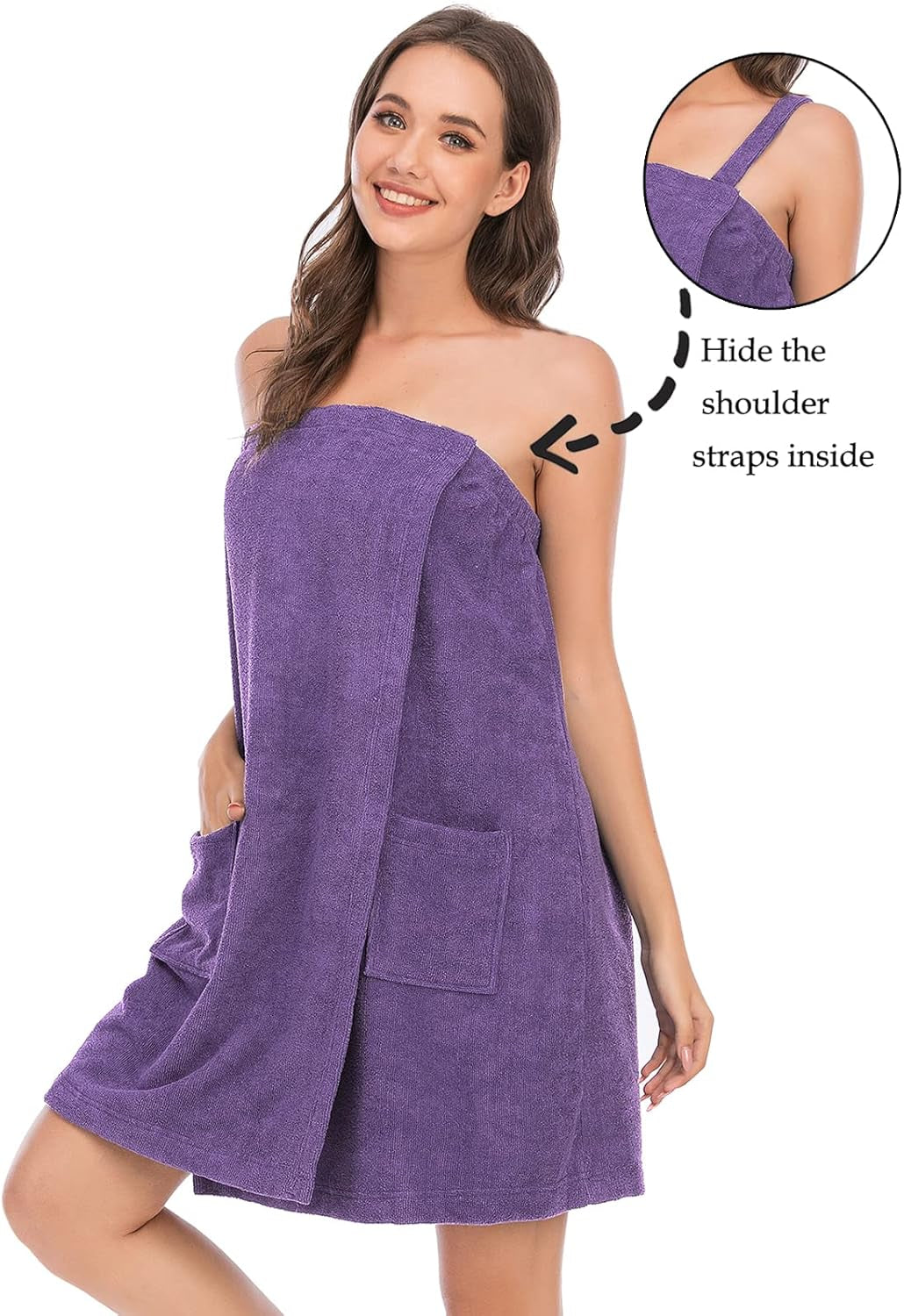 Robe Women'S Towel Wrap Bathrobe with Adjustable Velcro Closure with Pockets & Facial Hairband