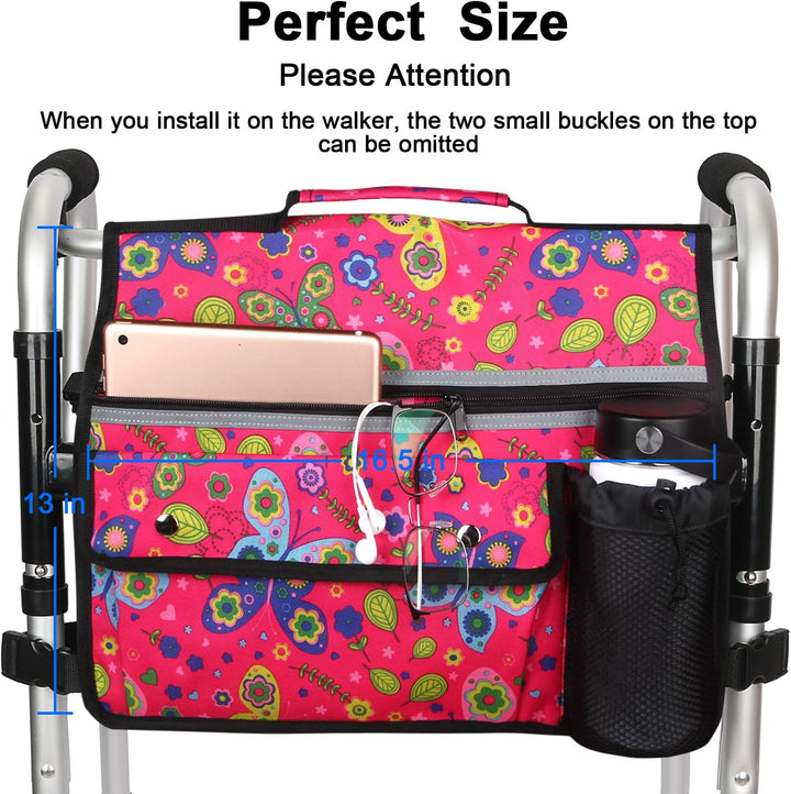 Wheelchair Storage Bag, Double-Sided Armrest Pouch with Cup Holder and Reflective Strip, for Wheelchairs and Walkers (Red Butterfly)