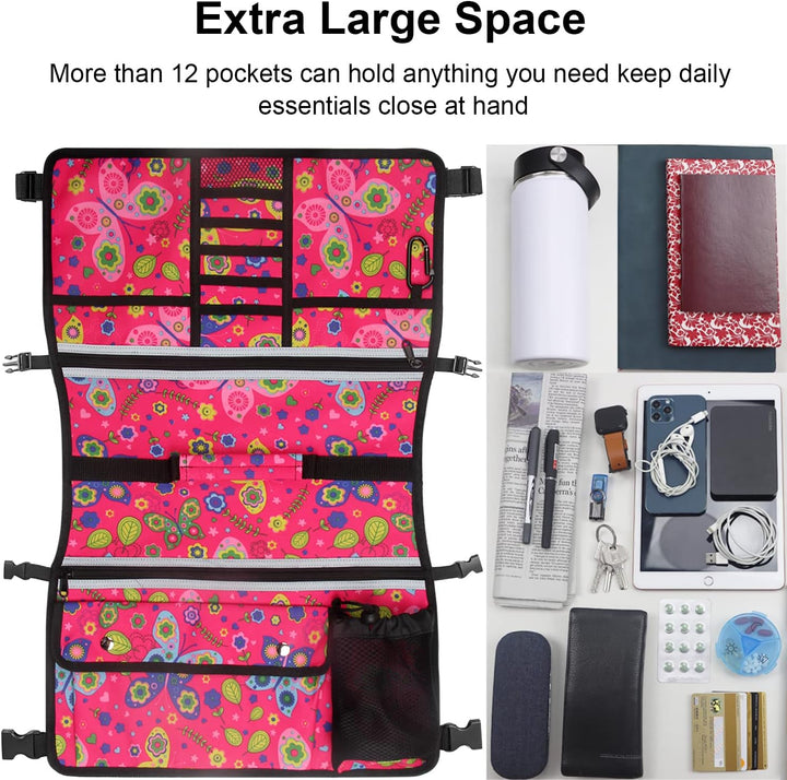 Wheelchair Storage Bag, Double-Sided Armrest Pouch with Cup Holder and Reflective Strip, for Wheelchairs and Walkers (Red Butterfly)