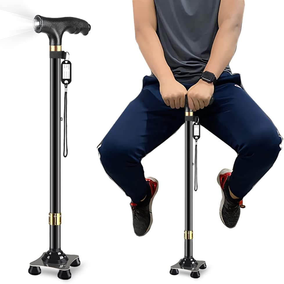 P4TC Walking Cane with LED Light – Telescopic, Non-Slip Mobility Aid with 10 Height Adjustments & Travel Bag | Dual-Use for Seniors, Men & Women (Black)