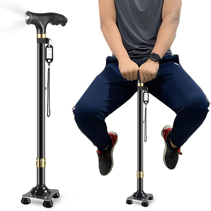 P4TC Walking Cane with LED Light – Telescopic, Non-Slip Mobility Aid with 10 Height Adjustments & Travel Bag | Dual-Use for Seniors, Men & Women (Black)