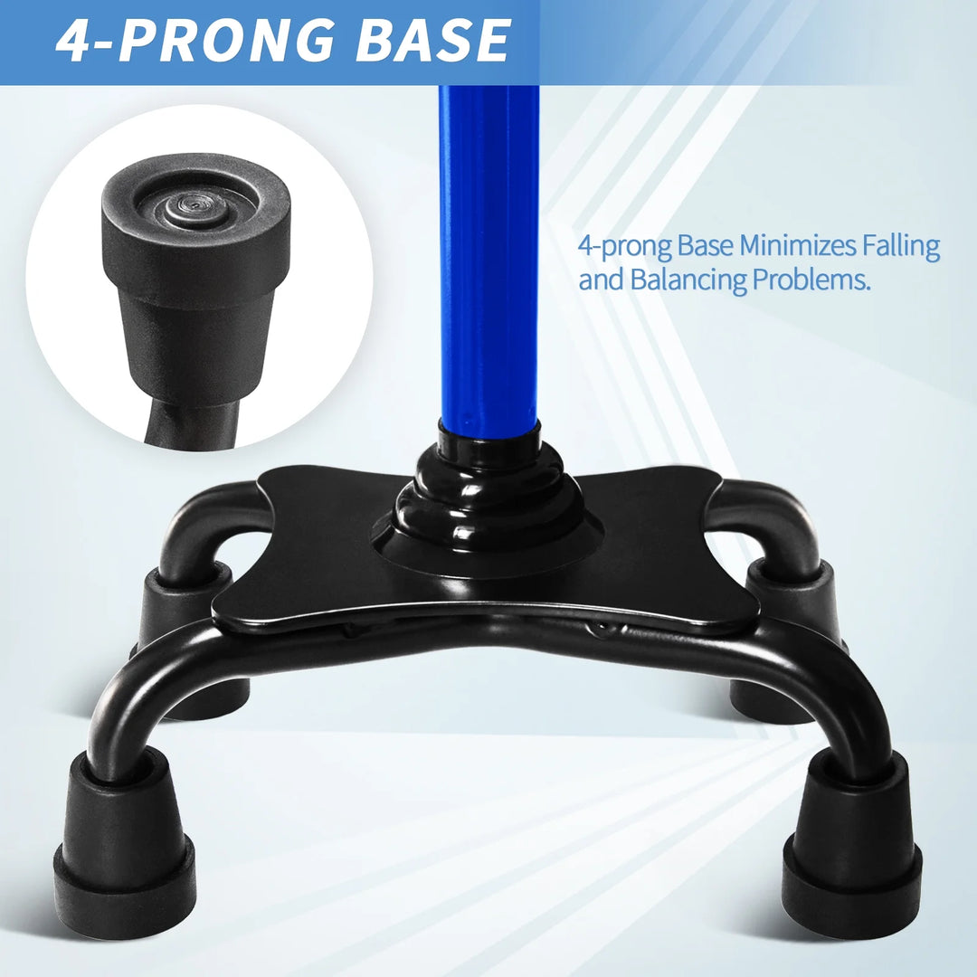 P4TC Walking Cane for Elderly – Foldable, 4-Prong Base, Second Assist Handle, Blue