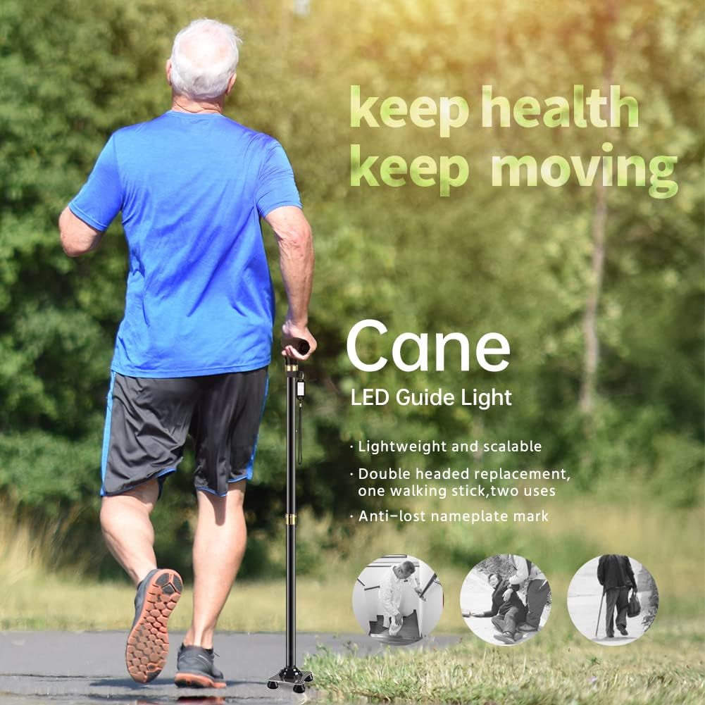 P4TC Walking Cane with LED Light – Telescopic, Non-Slip Mobility Aid with 10 Height Adjustments & Travel Bag | Dual-Use for Seniors, Men & Women (Black)