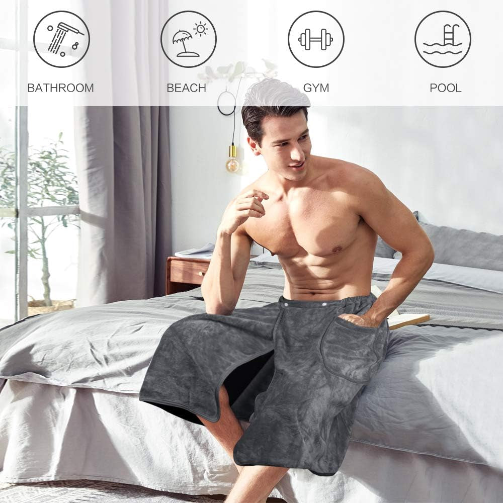 Microfiber Men’S Bath Wrap Water Absorbent Quick Dry Spa Sauna Wrap around Towel Bath Towels with Adjustable Snap on Closure 24Inch X 63Inch Grey