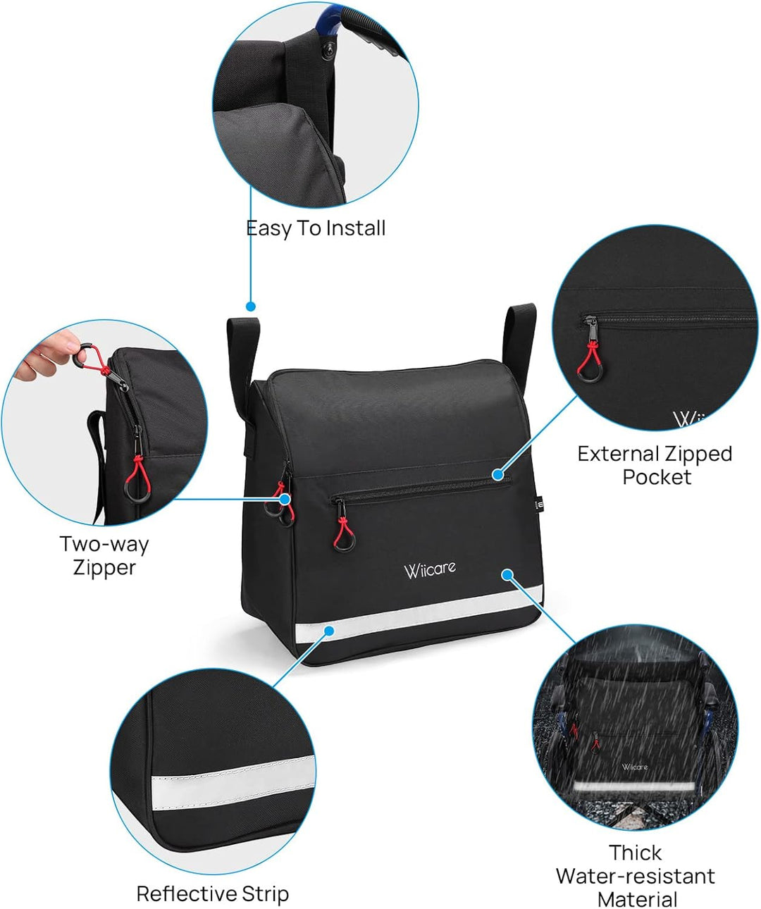 Wheelchair Backpack Bag, Wheelchair Pouch, Backpack for Wheelchair Users, Wheelchair Bags to Hang on Back, Wheelchair Accessories Bag, Large Storage Bag with Inner Cup Holder, Black