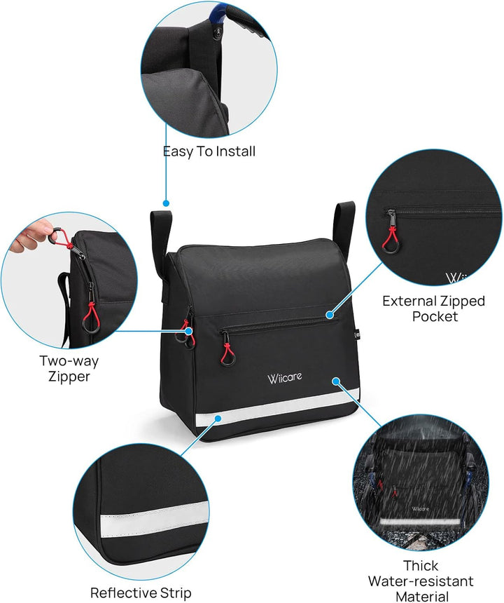 Wheelchair Backpack Bag, Wheelchair Pouch, Backpack for Wheelchair Users, Wheelchair Bags to Hang on Back, Wheelchair Accessories Bag, Large Storage Bag with Inner Cup Holder, Black