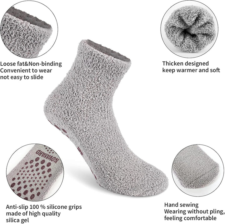 Non Slip Fuzzy Grippy Sock Warm Fluffy Cozy Fleece Slipper Winter Hospital Socks for Men Women 4 Pairs