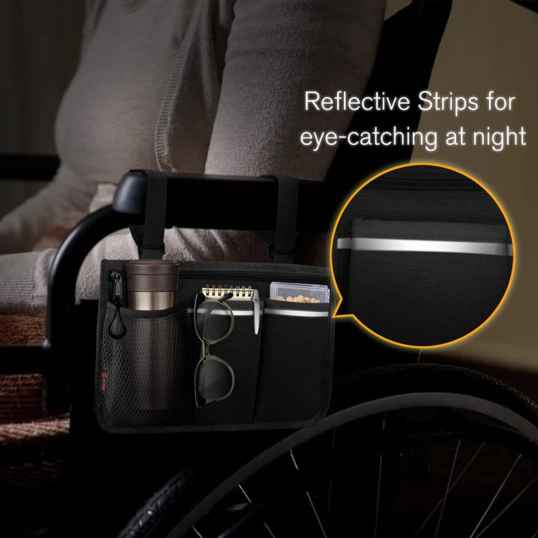 Wheelchair Side Storage Bag - Wheelchair Armrest Accessories Organizers Pouch with Reflective Strips and Name Card Slot for Walkers, Mobility Scooters, Rollators (Black)