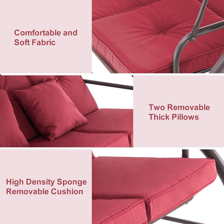 3-Seat Outdoor Patio Swing Chair, 2-In-1 Convertible Porch Swing Glider Chair with Removable Cushions, Adjustable Canopy & Pillows for Backyard, Deck, Garden, 4068 (Burgundy)