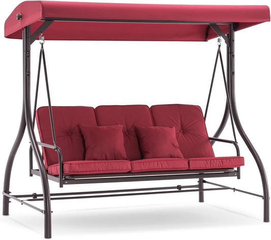 3-Seat Outdoor Patio Swing Chair, 2-In-1 Convertible Porch Swing Glider Chair with Removable Cushions, Adjustable Canopy & Pillows for Backyard, Deck, Garden, 4068 (Burgundy)
