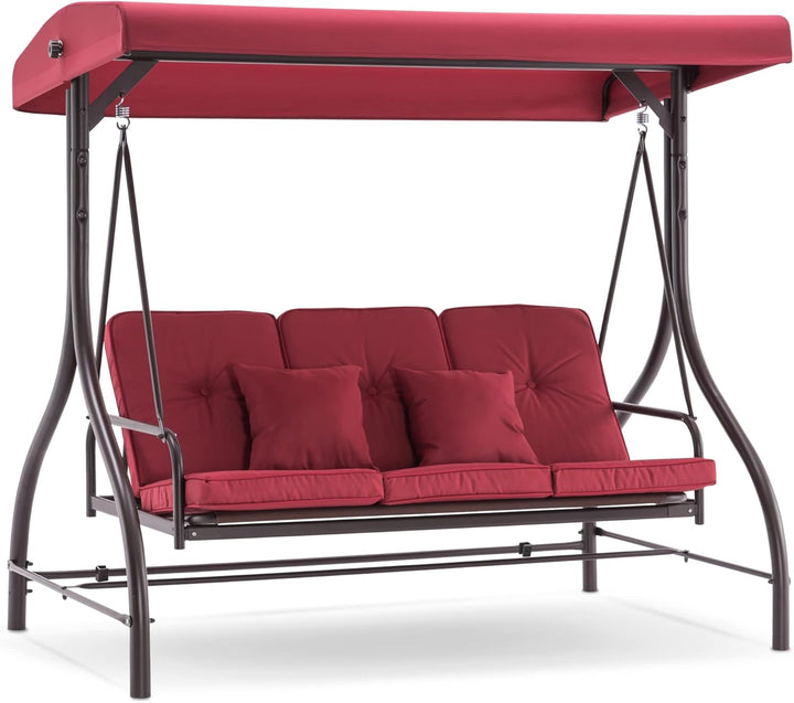 3-Seat Outdoor Patio Swing Chair, 2-In-1 Convertible Porch Swing Glider Chair with Removable Cushions, Adjustable Canopy & Pillows for Backyard, Deck, Garden, 4068 (Burgundy)