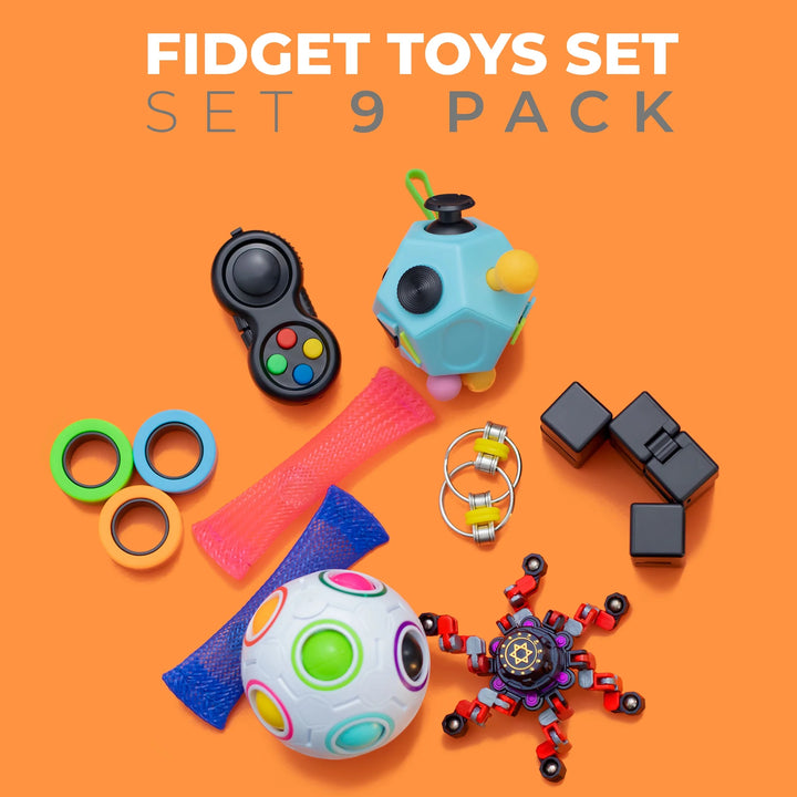 Fidget Toys for Adults and Kids – 9Pcs Set of Fidgets and Sensory Toys for Adults – Premium Small Fidget Toy Pack with Fidget Pad, Flippy Chain, Magnetic Ring - Stress Relief Toy Pack