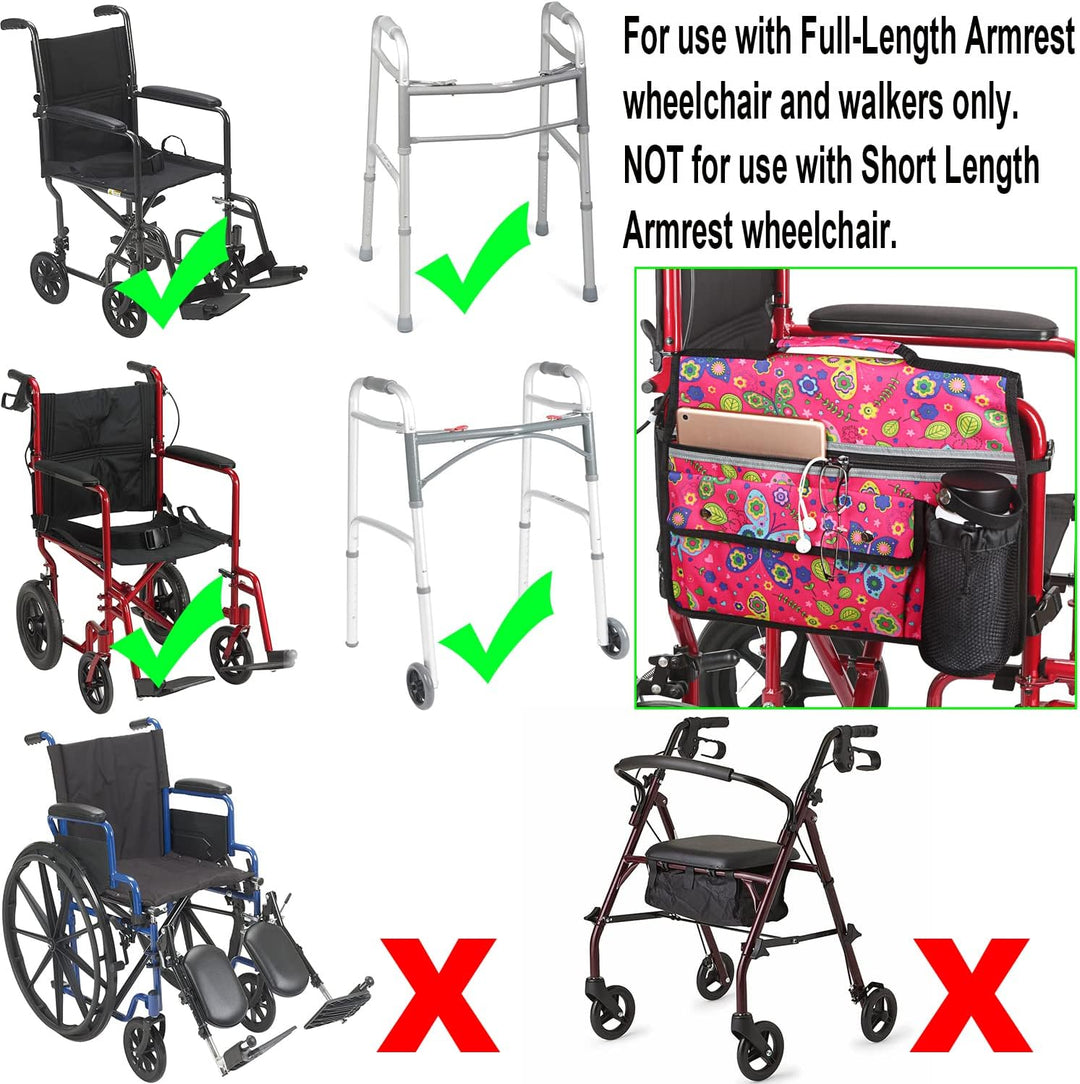Wheelchair Storage Bag, Double-Sided Armrest Pouch with Cup Holder and Reflective Strip, for Wheelchairs and Walkers (Red Butterfly)