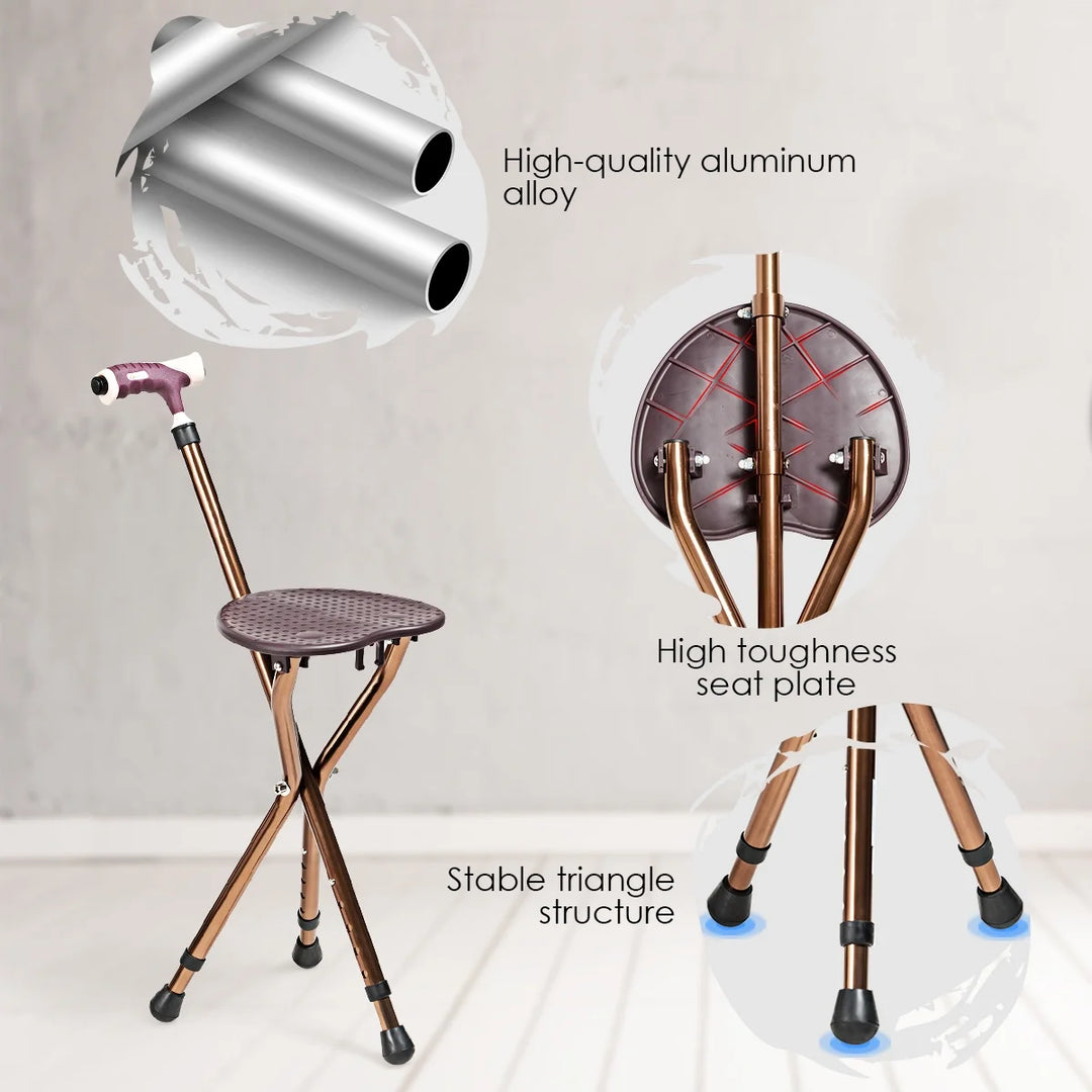 Goplus Outdoor Occasion Adjustable Large Folding Cane Seat Aluminum Alloy Crutch Chair with Light Coffee