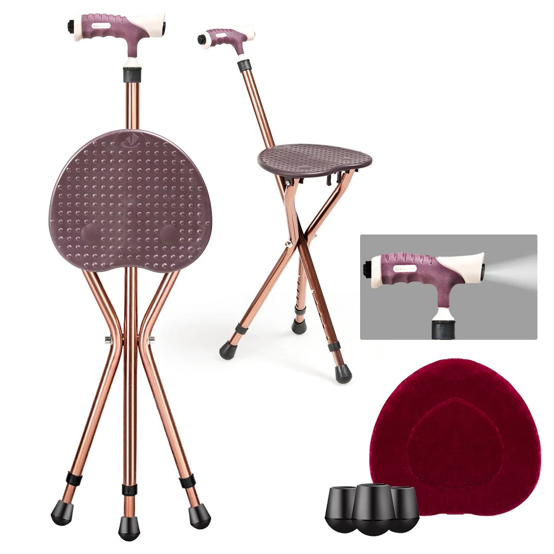 Goplus Outdoor Occasion Adjustable Large Folding Cane Seat Aluminum Alloy Crutch Chair with Light Coffee