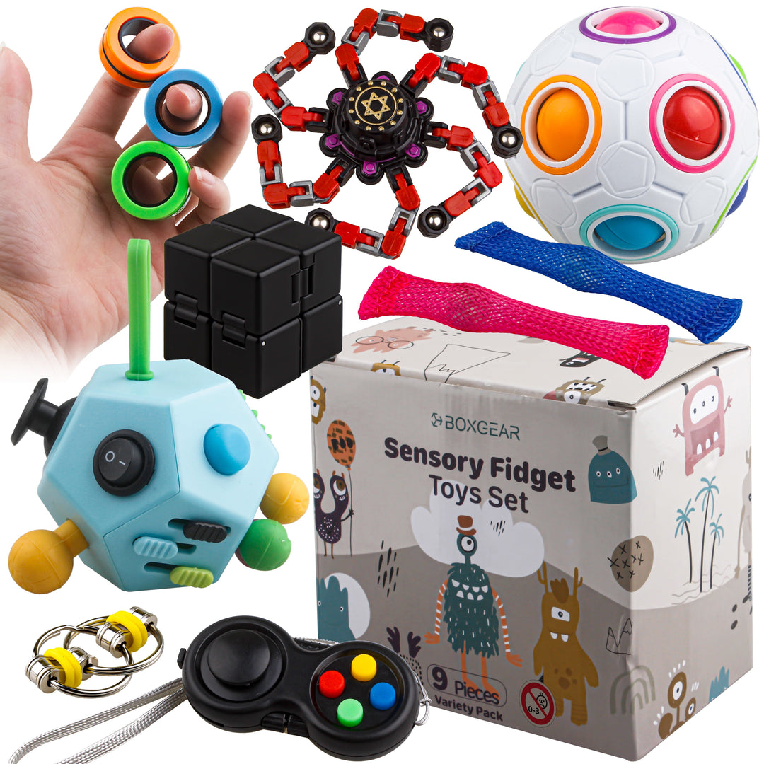 Fidget Toys for Adults and Kids – 9Pcs Set of Fidgets and Sensory Toys for Adults – Premium Small Fidget Toy Pack with Fidget Pad, Flippy Chain, Magnetic Ring - Stress Relief Toy Pack