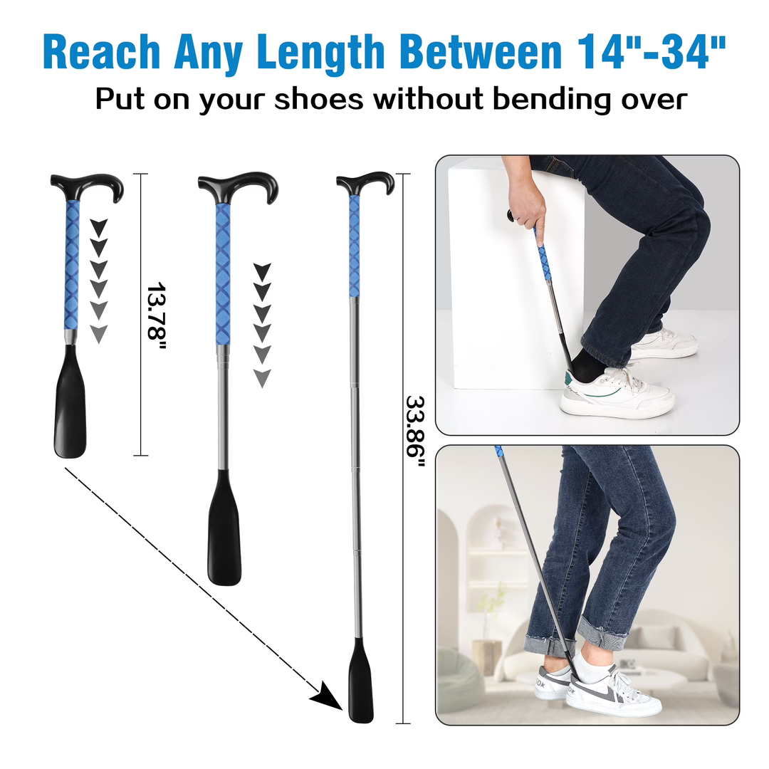 P4TC | Long Handle Shoe Horn 14" to 34" Adjustable | No-Bend Dressing Aid for Seniors & Limited Mobility