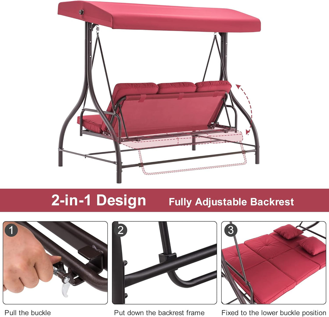3-Seat Outdoor Patio Swing Chair, 2-In-1 Convertible Porch Swing Glider Chair with Removable Cushions, Adjustable Canopy & Pillows for Backyard, Deck, Garden, 4068 (Burgundy)