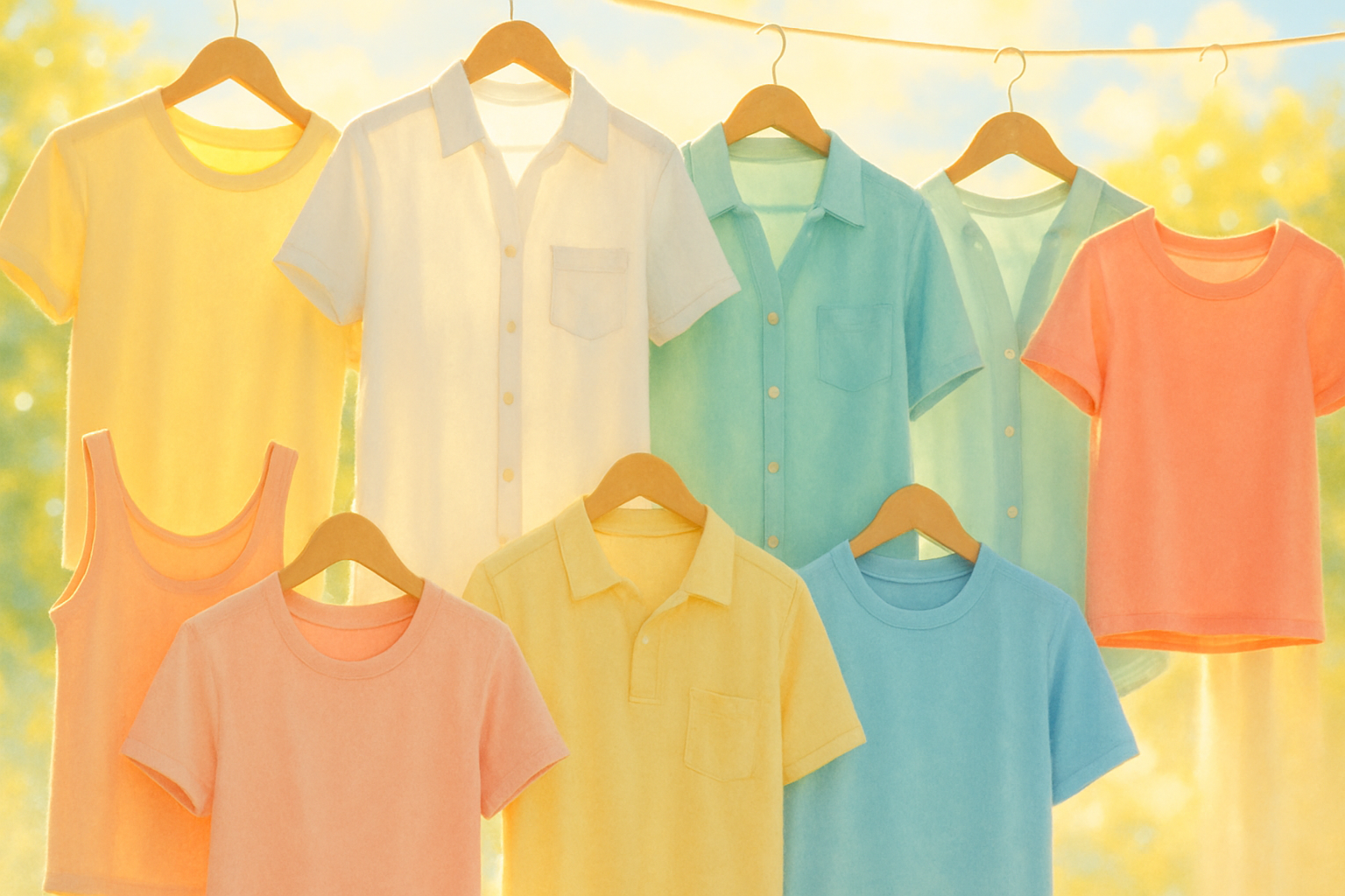 assortment of summer shirts - light colors - summer sunshine