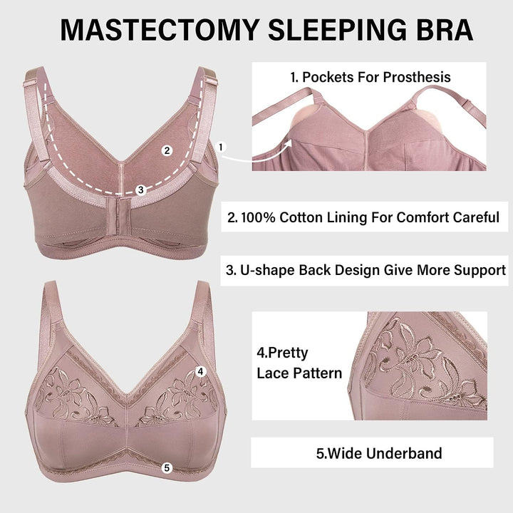 Women'S Mastectomy Pockets Wireless Post-Surgery plus Size Cotton Sleep Bralette Bra