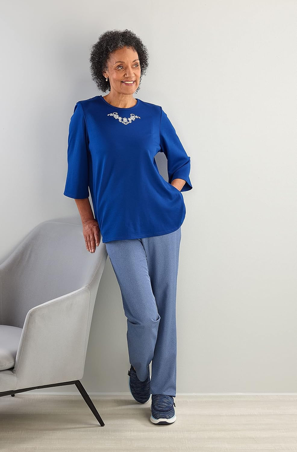 Women’S Open Back Adaptive Warm Winter Weight Top for Seniors - 3/4 Long Sleeve Scoop Shirt