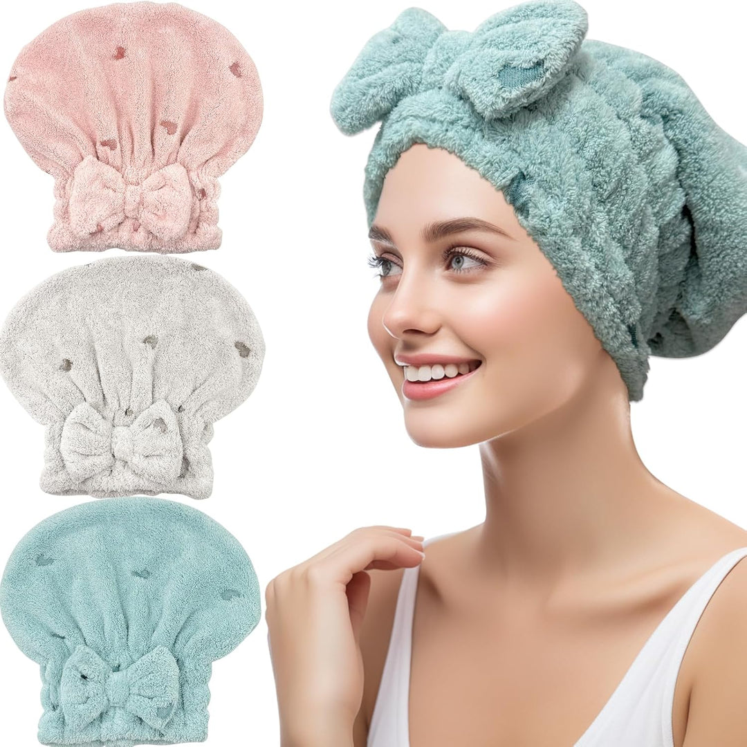 3Packs Microfiber Hair Towel for Women - Quick-Drying, Super Absorbent Hair Wrap with Bow Design, Soft Hair Towel Turban for Curly Long Wet Hair