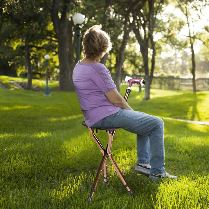 Goplus Outdoor Occasion Adjustable Large Folding Cane Seat Aluminum Alloy Crutch Chair with Light Coffee