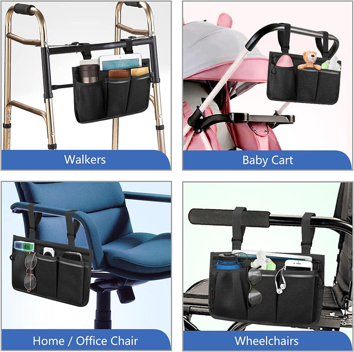 Wheelchair Side Storage Bag - Wheelchair Armrest Accessories Organizers Pouch with Reflective Strips and Name Card Slot for Walkers, Mobility Scooters, Rollators (Black)