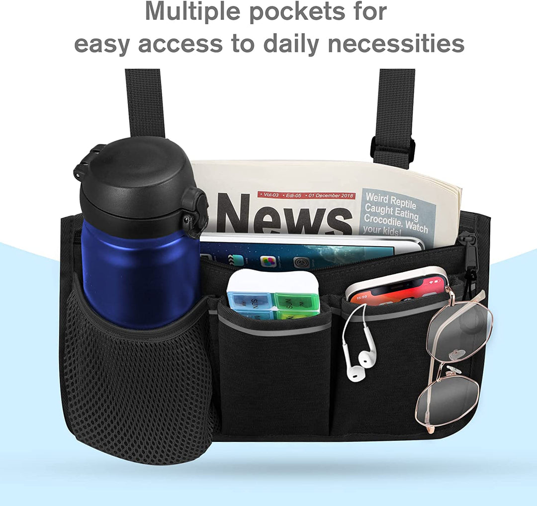 Wheelchair Side Storage Bag - Wheelchair Armrest Accessories Organizers Pouch with Reflective Strips and Name Card Slot for Walkers, Mobility Scooters, Rollators (Black)