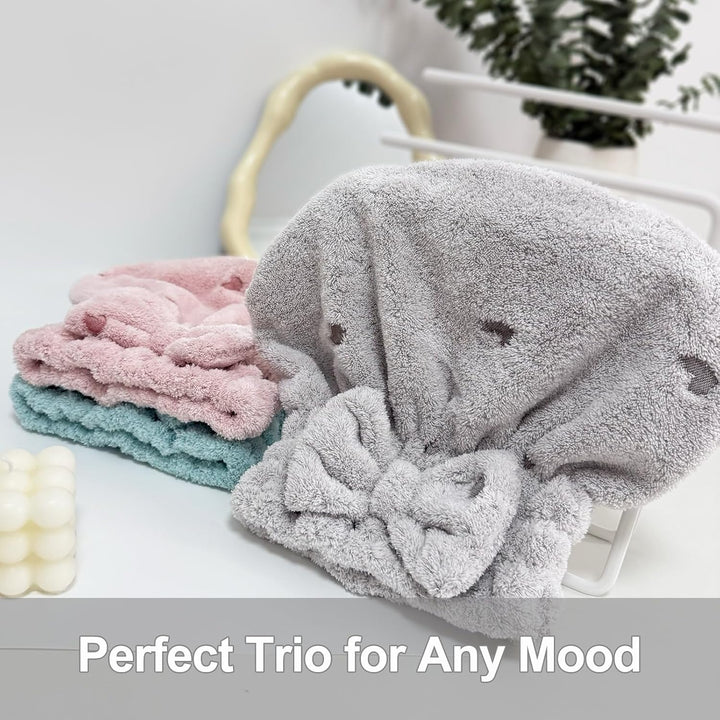 3Packs Microfiber Hair Towel for Women - Quick-Drying, Super Absorbent Hair Wrap with Bow Design, Soft Hair Towel Turban for Curly Long Wet Hair