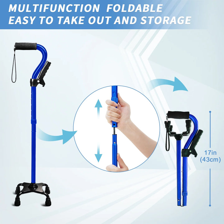 P4TC Walking Cane for Elderly – Foldable, 4-Prong Base, Second Assist Handle, Blue