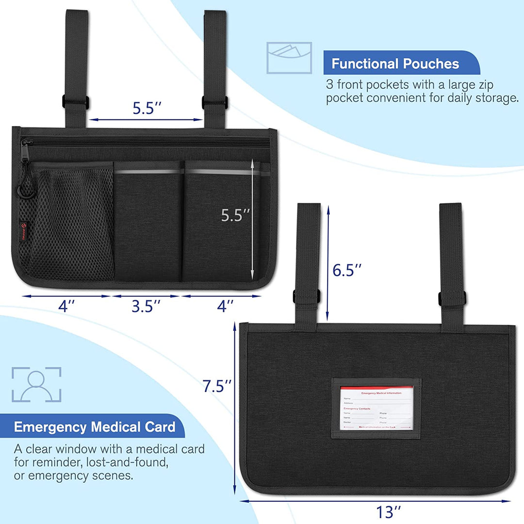 Wheelchair Side Storage Bag - Wheelchair Armrest Accessories Organizers Pouch with Reflective Strips and Name Card Slot for Walkers, Mobility Scooters, Rollators (Black)