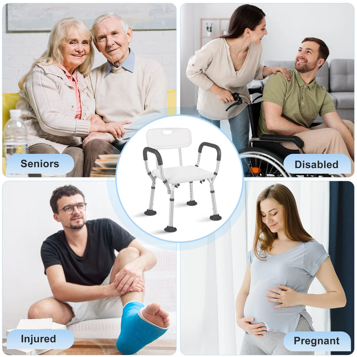 Adjustable Shower Chair, Shower Seat with Back and Padded Handles, Bath Chair for Seniors, Elderly, Disabled, Handicap and Injured, 350 Lb Capacity