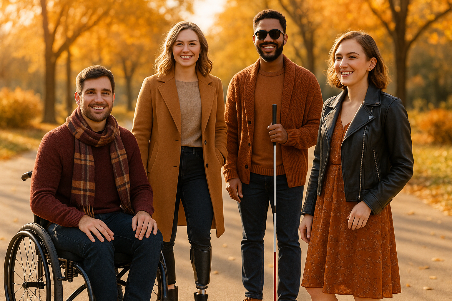 disabled people with fall fashion - sun light background - 4 people