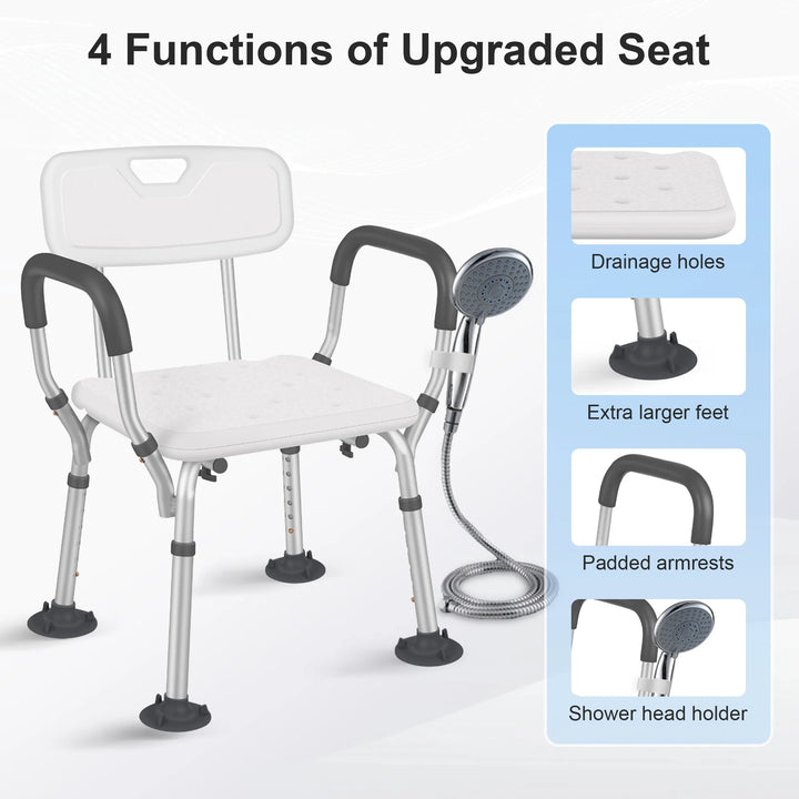 Adjustable Shower Chair, Shower Seat with Back and Padded Handles, Bath Chair for Seniors, Elderly, Disabled, Handicap and Injured, 350 Lb Capacity